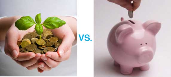 Tree growing on bed of coins vs piggy bank