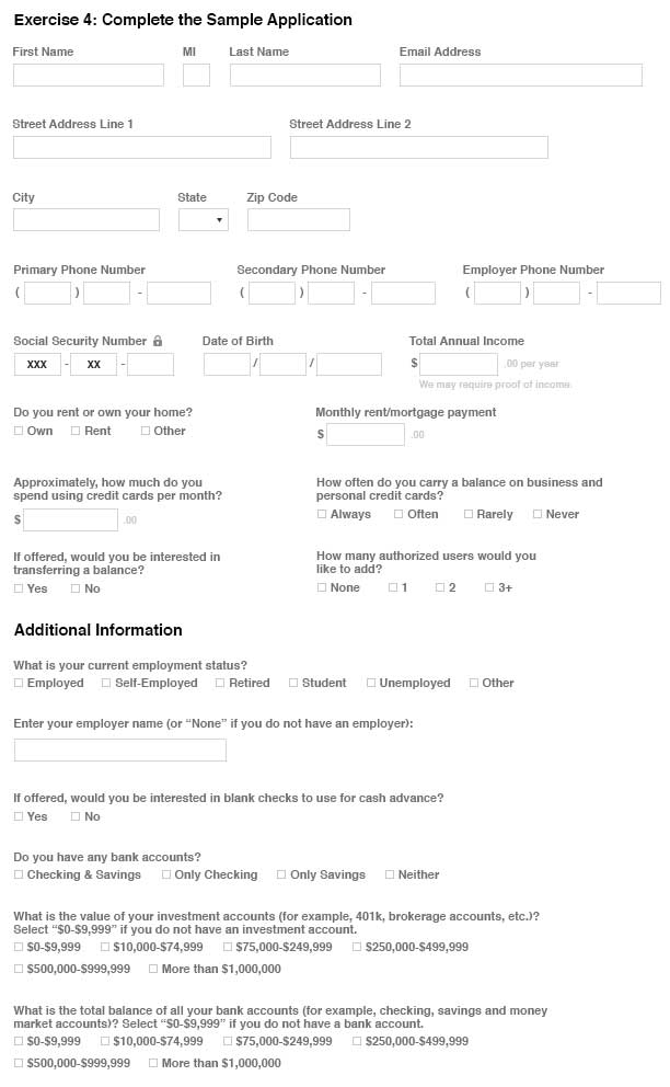 Sample application for a credit card